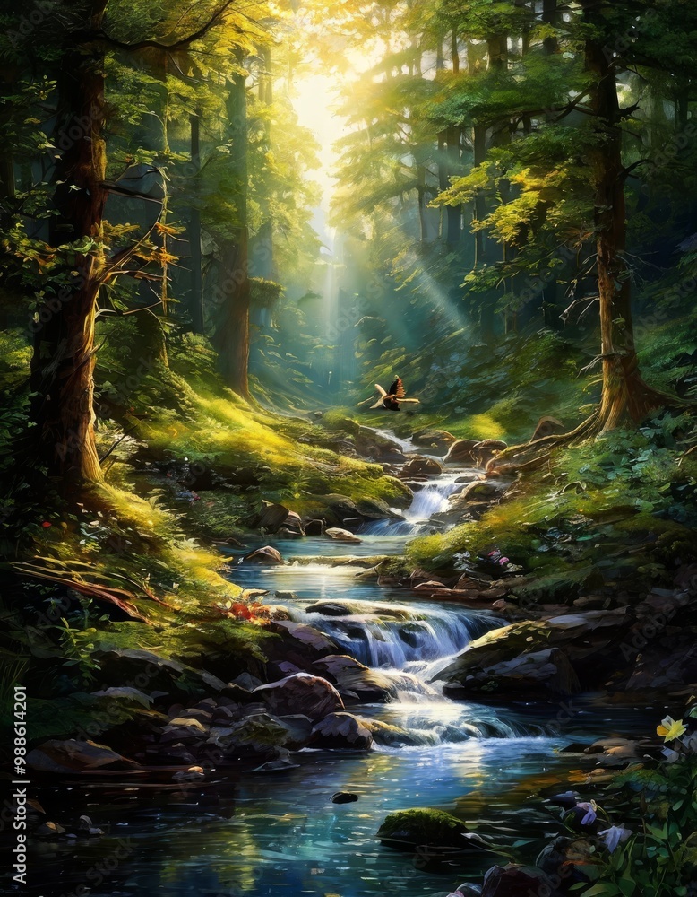 A peaceful forest scene featuring a small cascading waterfall with clear water flowing through rocks. Sunlight filters through the dense canopy, casting warm rays, while a bird flies gracefully in the A peaceful forest scene featuring a small cascading waterfall with clear water flowing through rocks. Sunlight filters through the dense canopy, casting warm rays, while a bird flies gracefully in the