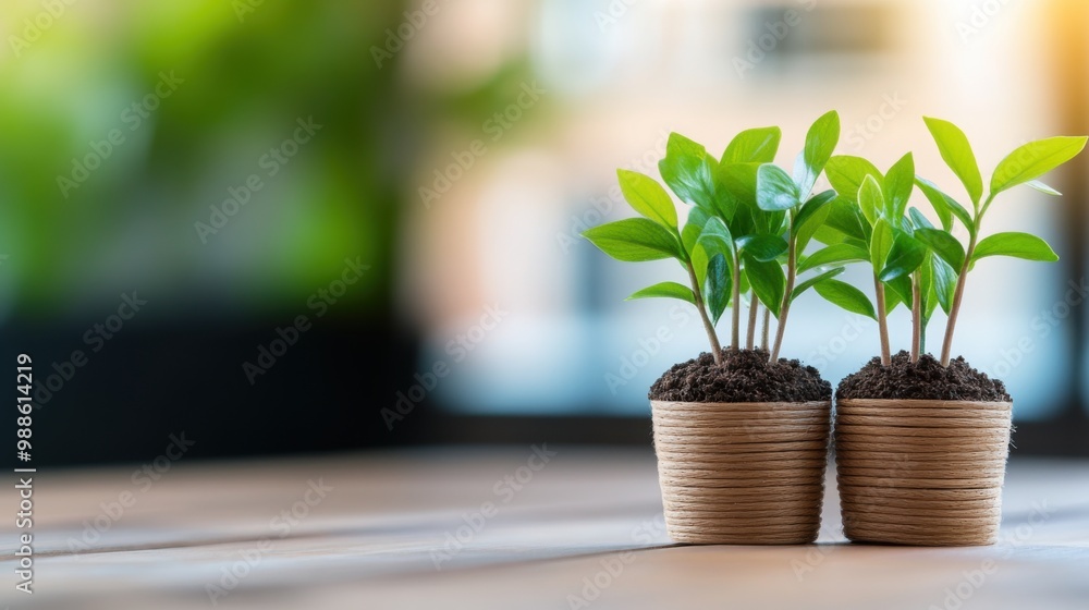Small Plants in Pots on Table with Soft Background Small Plants in Pots on Table with Soft Background