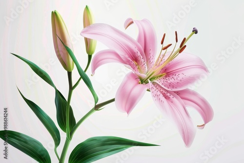 Beautiful pink lily with buds, showcasing delicate petals and vibrant colors against a white background.
