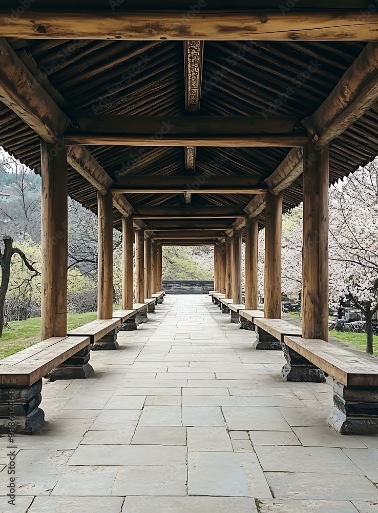 Wooden Covered Pathway with Benches and Trees Wooden Covered Pathway with Benches and Trees