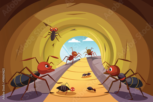 Ants navigate their tunnel, collaborating to find food and maintain their habitat during daylight, Ants in the tunnel.