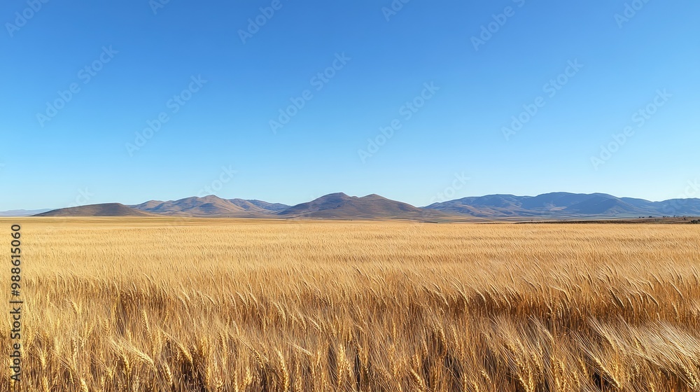 A wide, golden field of wheat swaying gently in the breeze under a clear blue sky, with mountains faintly visible in the distance. A wide, golden field of wheat swaying gently in the breeze under a clear blue sky, with mountains faintly visible in the distance.