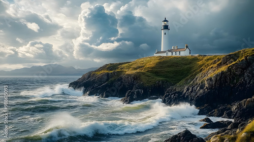 A picturesque lighthouse on a rocky coast with crashing waves and dramatic clouds overhead. photo