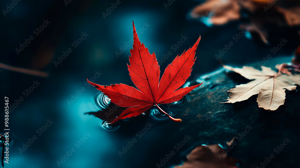 bright maple leaves in a puddle. Beautiful autumn atmosphere image. vivid autumn maple leaves on water backdrop. fall season background concept. shallow depth. close up. soft selective focus bright maple leaves in a puddle. Beautiful autumn atmosphere image. vivid autumn maple leaves on water backdrop. fall season background concept. shallow depth. close up. soft selective focus