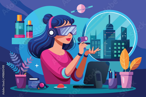 A woman uses virtual tools to apply makeup while surrounded by vibrant plants and a skyline backdrop, Apply Makeup in Metaverse, Woman doing makeup using VR technology