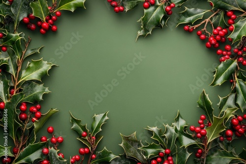 Flat lay made of common holly leaves and fresh fruit berries on green background. Holly branches.Christmas, winter, new year concept. Flat lay, top view, copy space with generative ai