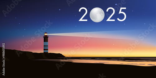 Carte de voeux 2025 avec le concept du phare symbolisant le point de repère permettant de suivre la bonne direction pour relever les défis et les couronner de succès.
