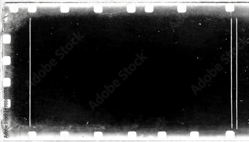 Grungy Blank Vintage 35mm Film Strip Frame with Scratches and Dust Marks, Isolated on Black Background. Retro Analog Photography Concept or Old Film Negative Aesthetic