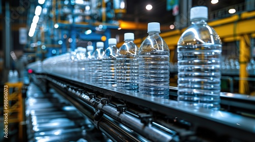 Bottle. Industrial production of plastic pet bottles. Factory line for manufacturing polyethylene bottles. Transparent food packaging. Plastic production and processing concept