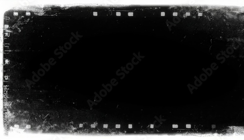 Grungy Blank Vintage 35mm Film Strip Frame with Scratches and Dust Marks, Isolated on Black Background. Retro Analog Photography Concept or Old Film Negative Aesthetic photo