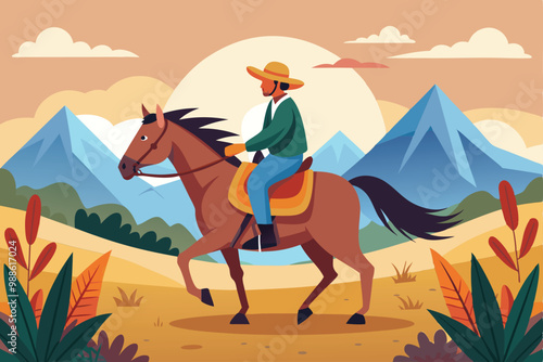A gaucho rides his horse through a vibrant landscape at sunset with mountains in the background, A simple flat illustration of a gaucho riding a horse in the Pampas grasslands