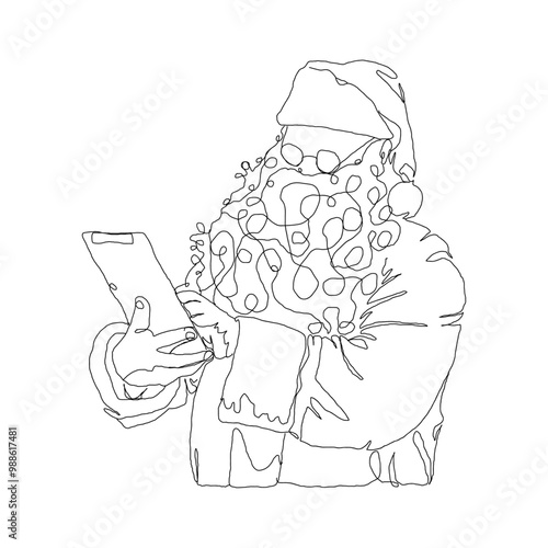 dessin en ligne continue du père noël tenant une tablette, line art, vecteur