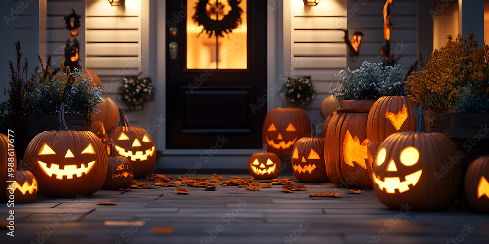 Fototapeta premium Lit Halloween pumpkins on front porch, exterior home decorations, seasonal decor