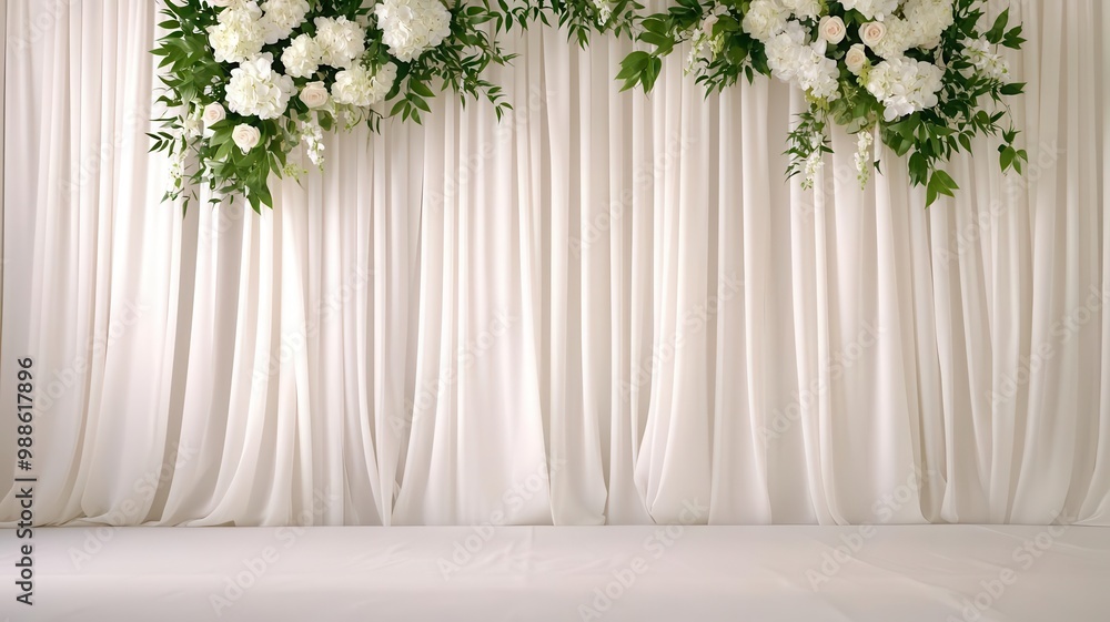 A serene, elegant backdrop featuring white drapery and lush floral arrangements, perfect for weddings or special events.