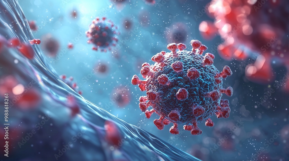 Microscopic view of the monkeypox virus (mpox) infecting human cells, showcasing viral particles and cell membrane interaction. Microscopic view of the monkeypox virus (mpox) infecting human cells, showcasing viral particles and cell membrane interaction.