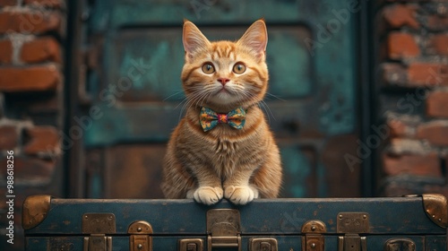 Cute Orange Cat with Bow Tie on Vintage Suitcase