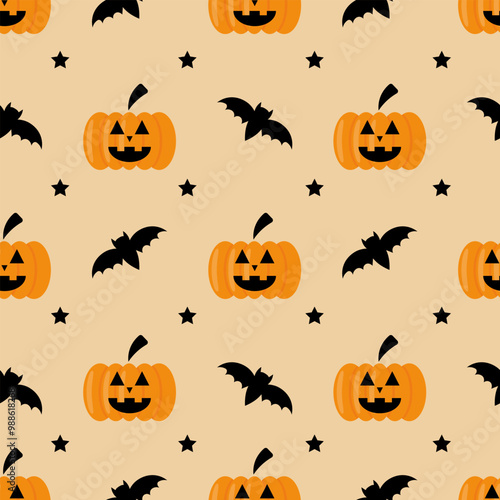 Vector seamless Halloween pattern with orange pumpkin and black bat