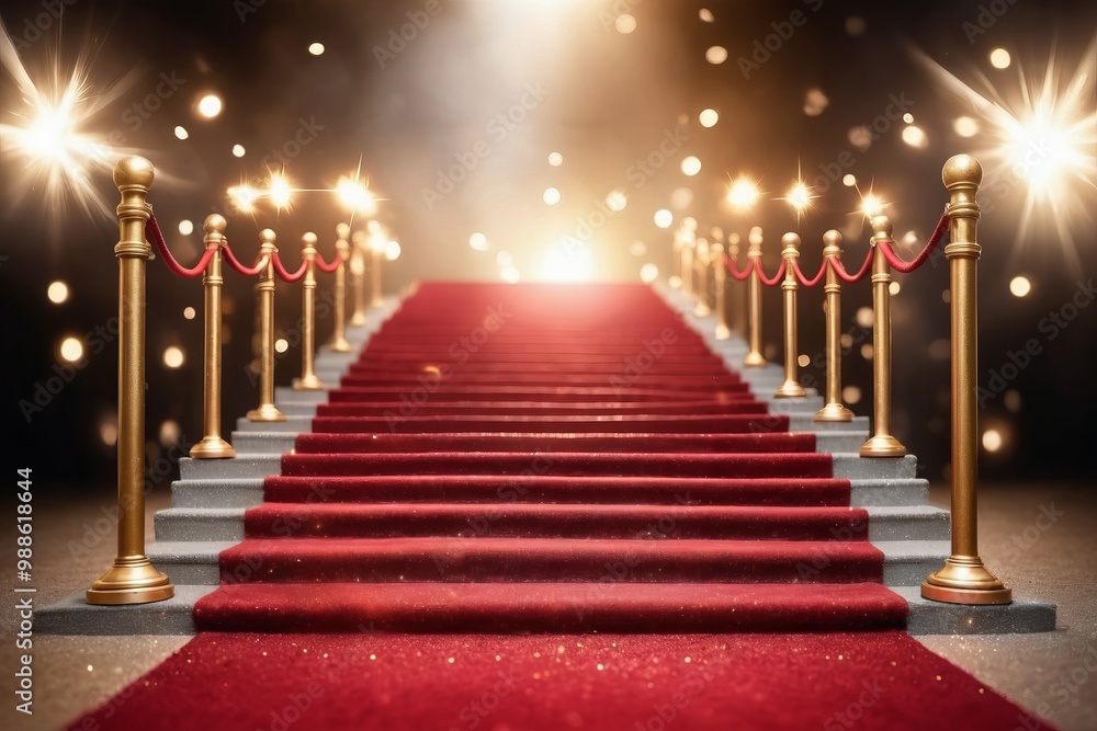 A red carpet staircase adorned with spotlights blurred background, creates a warm glow for a festive celebration at night A red carpet staircase adorned with spotlights blurred background, creates a warm glow for a festive celebration at night