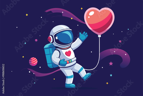 An astronaut with a heart balloon enjoys the wonders of space, Astronaut in spacesuit with heart shaped balloon.