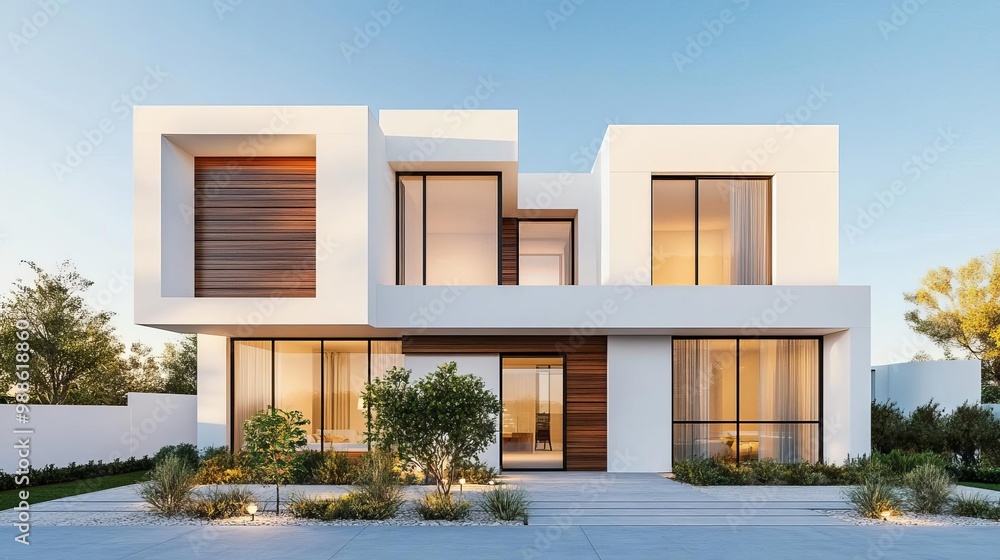 Modern suburban house with geometric lines, clean white walls, and sleek wooden accents Modern suburban house with geometric lines, clean white walls, and sleek wooden accents