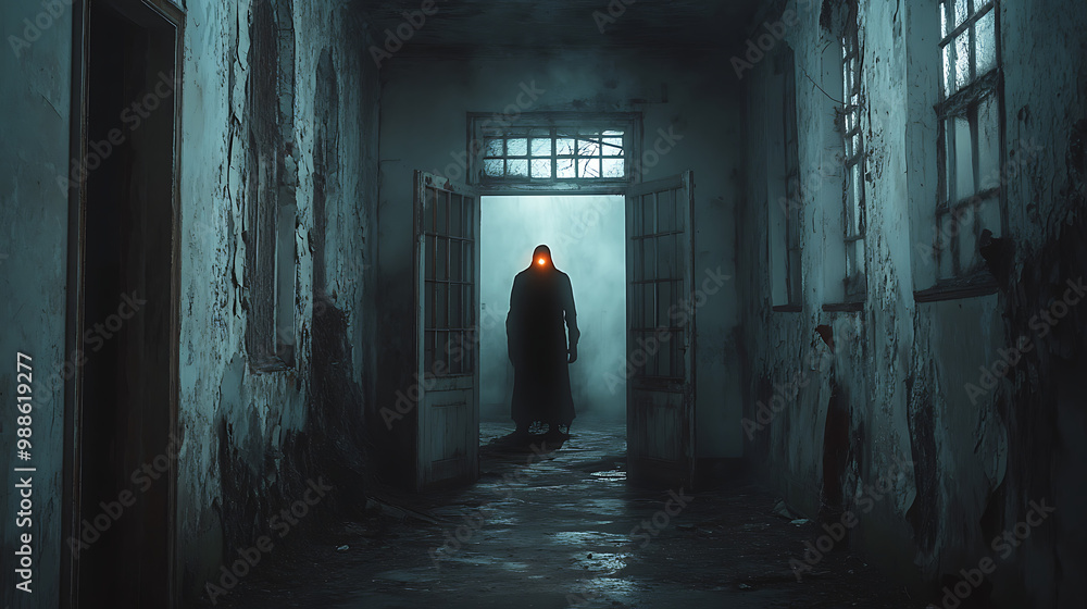 A man with a glowing head is walking through a dark hallway A man with a glowing head is walking through a dark hallway