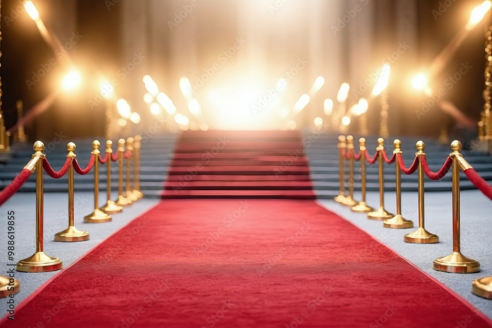 A red carpet staircase adorned with spotlights blurred background, creates a warm glow for a festive celebration at night A red carpet staircase adorned with spotlights blurred background, creates a warm glow for a festive celebration at night