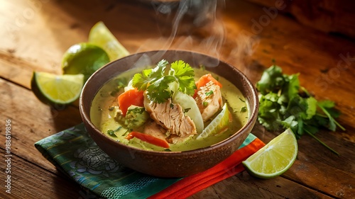 A bowl of steaming green curry with salmon, vegetables, and lime wedges on a wooden table.