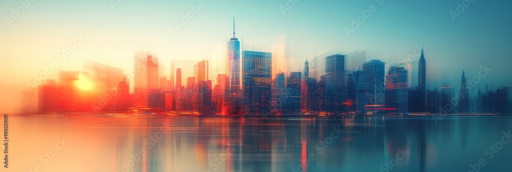Vibrant city skyline featuring famous landmarks, soft background blur, clear blue sky, energetic urban atmosphere Vibrant city skyline featuring famous landmarks, soft background blur, clear blue sky, energetic urban atmosphere
