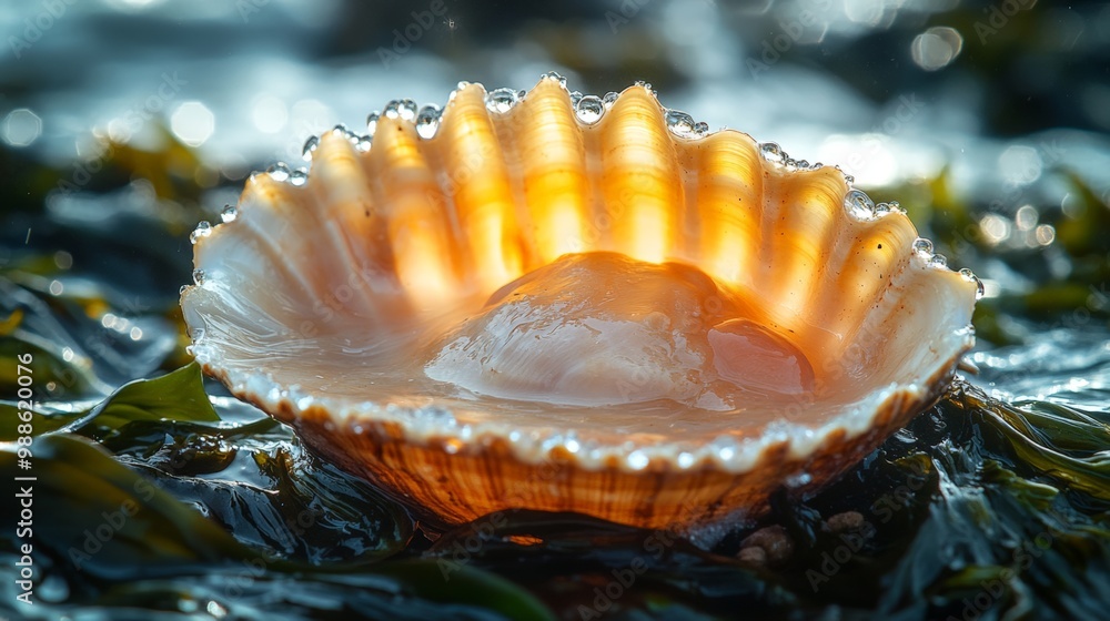 Stunning Shell with Water and Seaweed Background Stunning Shell with Water and Seaweed Background