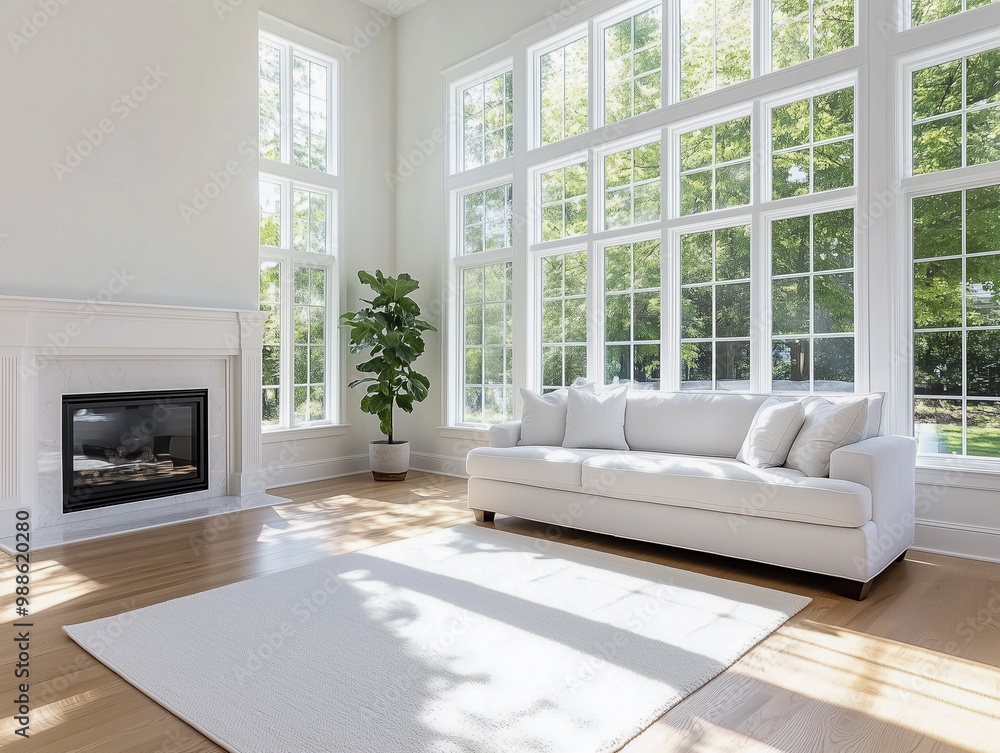 Fototapeta premium Modern design interior farmhouse living room with sofa and fireplace