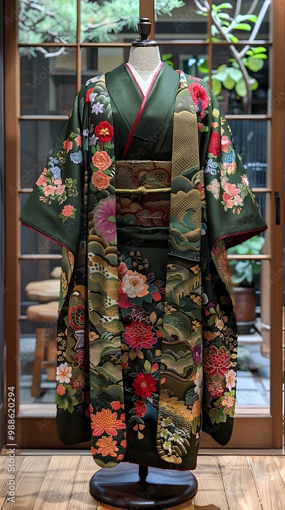 A kimono with a floral pattern and a golden obi. A kimono with a floral pattern and a golden obi.