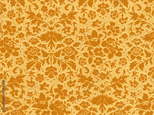 Intricate embossed floral pattern on a gold textured fabric. elegant, sophisticated, vintage design.