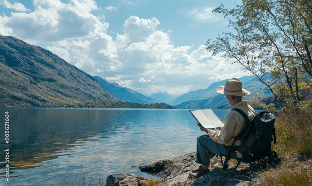 Artist sketching mountains by a lake. Artist sketching mountains by a lake.