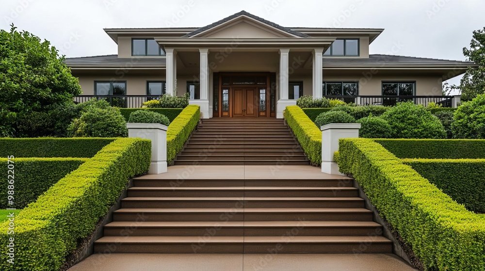 Spacious suburban house with a grand staircase leading to the front door, surrounded by hedges Spacious suburban house with a grand staircase leading to the front door, surrounded by hedges