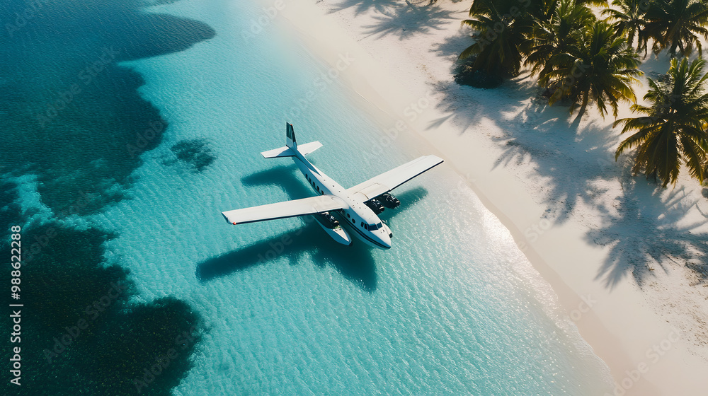 A sleek amphibious plane landing in the crystal-clear bay of a luxurious island resort with palm-lined shores. A sleek amphibious plane landing in the crystal-clear bay of a luxurious island resort with palm-lined shores.