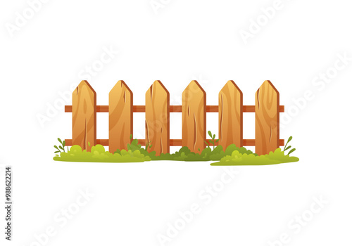 Wooden fence with grass vector flat illustration, garden timber barrier, cartoon backyard border from beige lumber board