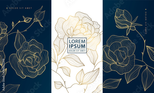 Vector set of art deco labels, golden line roses labels, elegant graphics. Nature frames, wedding invitations, fancy concept 
