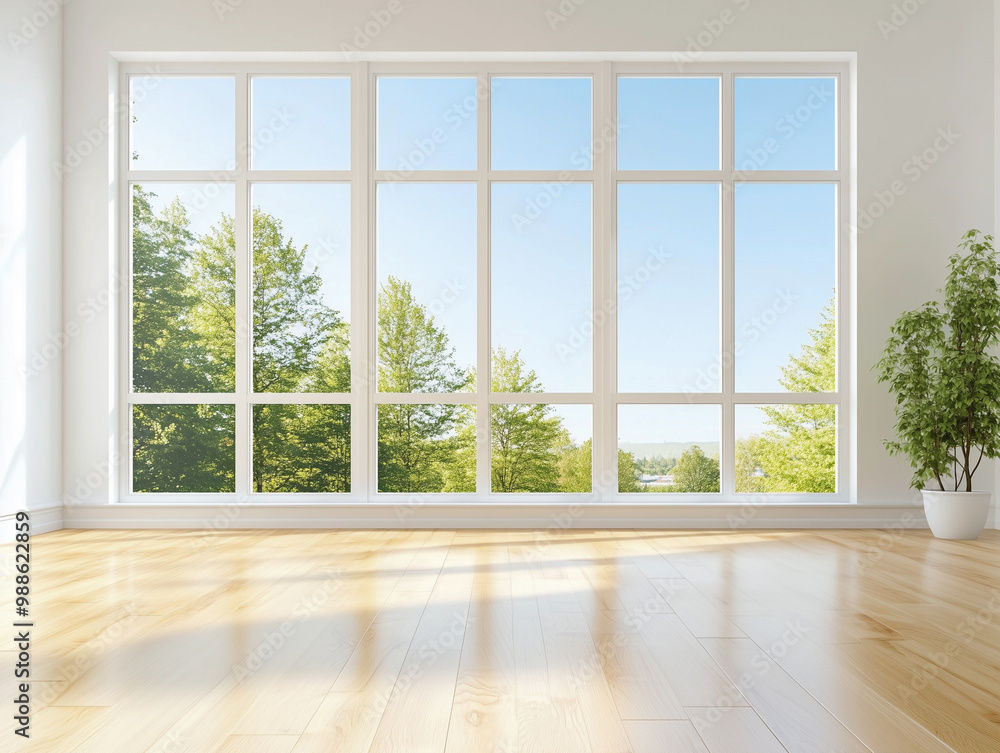 Fototapeta premium Modern, furnished and sunny living room with big windows and potted flowers