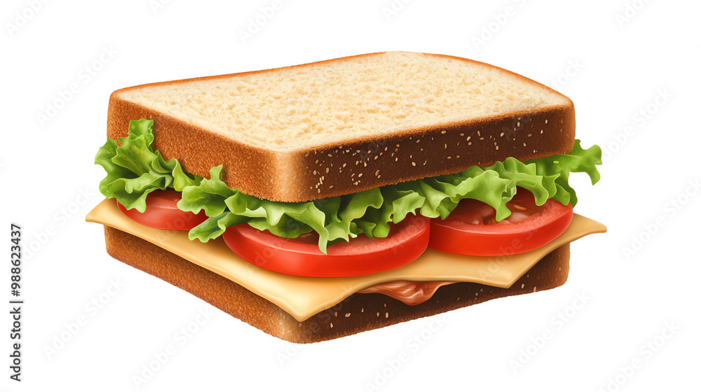 A delicious sandwich with fresh lettuce, juicy tomatoes, and melted cheese, perfect for a quick meal or picnic, Transparent background. A delicious sandwich with fresh lettuce, juicy tomatoes, and melted cheese, perfect for a quick meal or picnic, Transparent background.