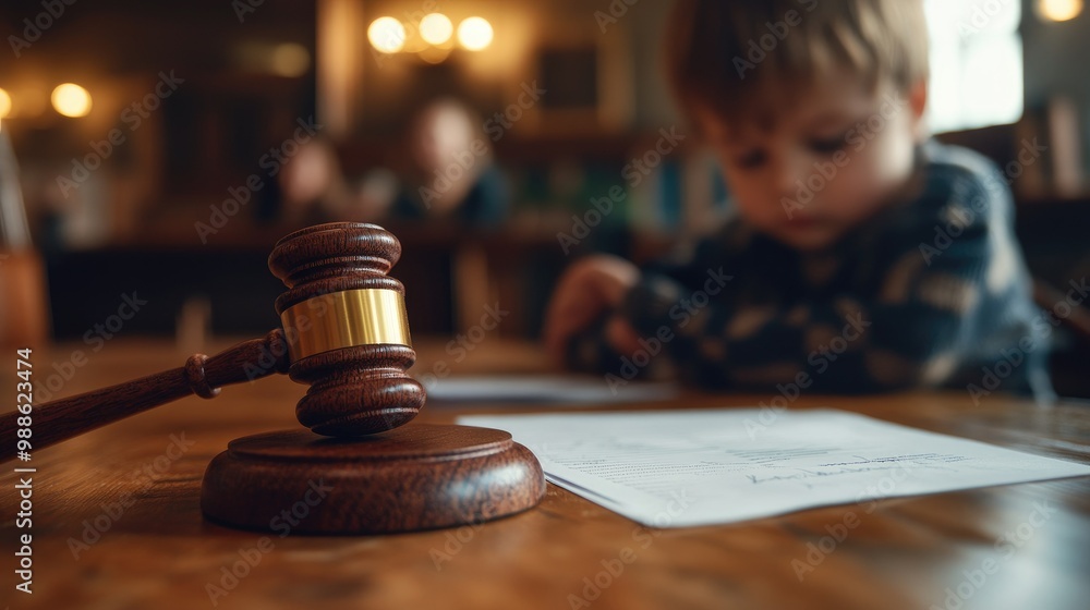 Cute child and mother at table with gavel of judge blurred in background, family law concept Cute child and mother at table with gavel of judge blurred in background, family law concept