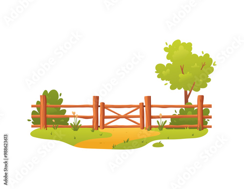 Wooden fence with gate wicket, vector garden brown timber barrier with grass and bushes, cartoon backyard lumber border