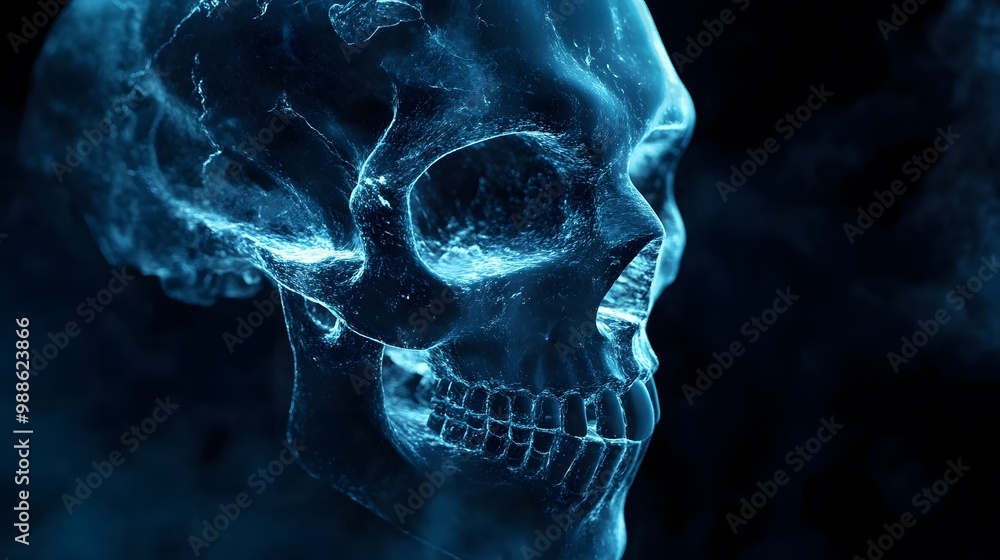 A Glowing Blue Wireframe Skull Against a Dark Background A Glowing Blue Wireframe Skull Against a Dark Background