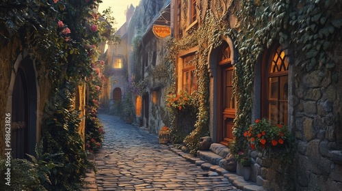 A quiet, narrow alleyway in a European village, with cobblestone streets and ivy-covered walls bathed in warm evening light.
