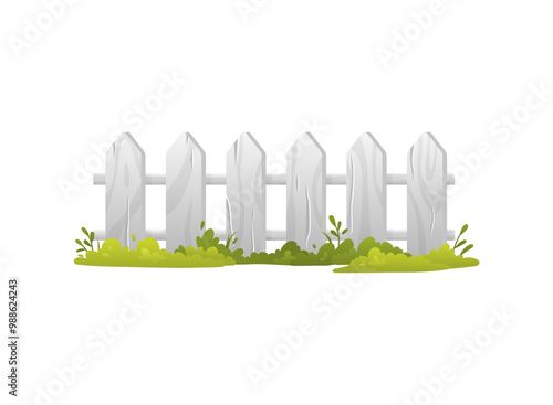 Wooden fence with grass vector flat illustration, cartoon garden white timber barrier, backyard border from lumber board