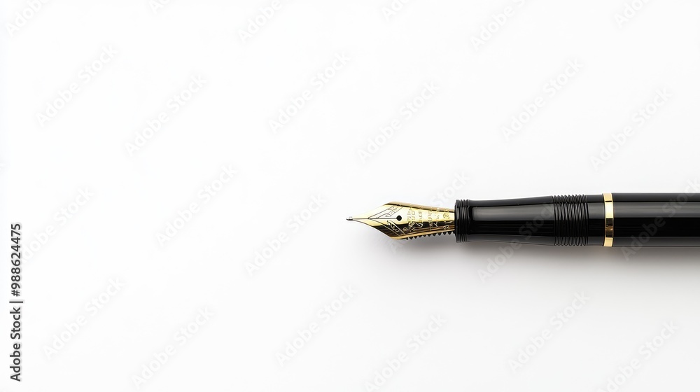 A black fountain pen with gold accents rests horizontally in the middle of a clean white background, casting a small shadow. A black fountain pen with gold accents rests horizontally in the middle of a clean white background, casting a small shadow.