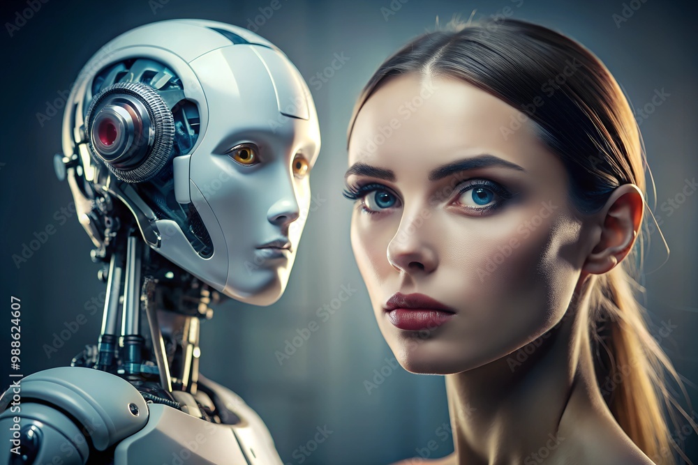 A woman with a robotic head is staring at the camera A woman with a robotic head is staring at the camera