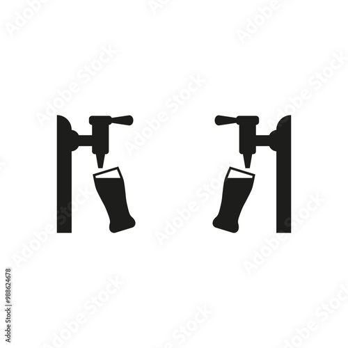 Beer pump with tap and handle. Pouring in beer glasses. Vector illustration on white background.