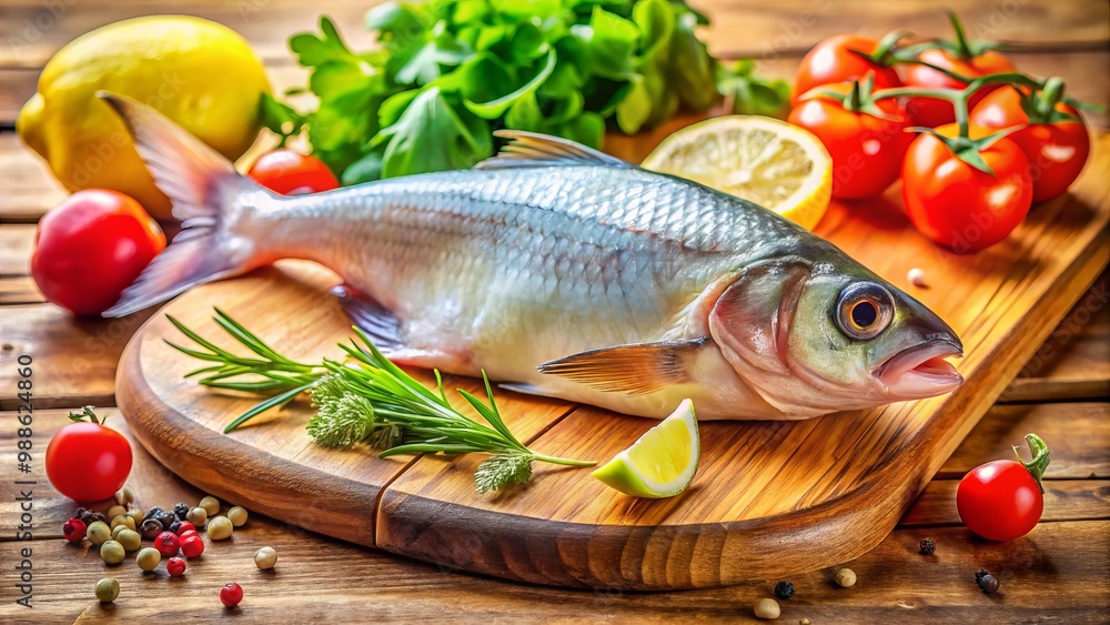 Fresh Pangasius Fish on a Wooden Cutting Board Ready for Cooking in a Bright Kitchen Setting Fresh Pangasius Fish on a Wooden Cutting Board Ready for Cooking in a Bright Kitchen Setting