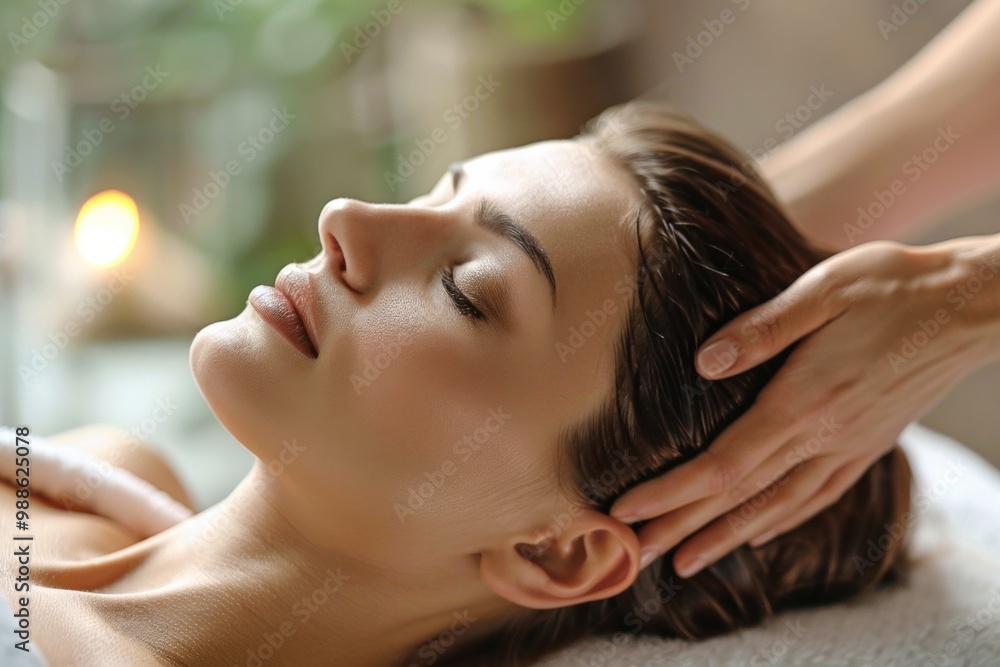 Naklejka premium A woman enjoying a peaceful spa massage, enhancing relaxation and wellness with gentle hands-on techniques in a serene environment
