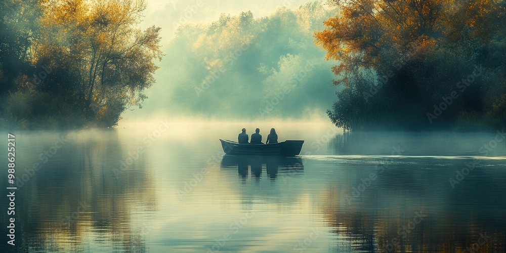 Family bonding on a serene lake, laughter and joy as they navigate gentle waters, surrounded by tranquil nature and soft reflections. Family bonding on a serene lake, laughter and joy as they navigate gentle waters, surrounded by tranquil nature and soft reflections.